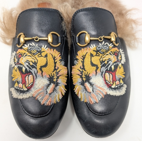 Gucci Princetown Tiger Black Leather Size 37 Horse Bit Mules Loafers - Picture 2 of 10